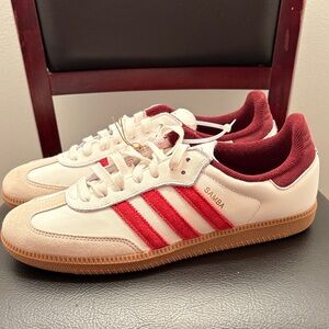 New Men’s Adidas‎ Samba White and Red Sneakers Size 9 1/2